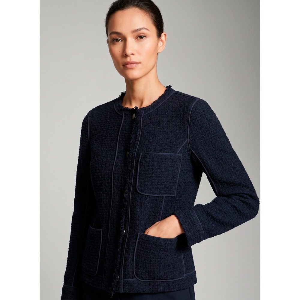 Vince Navy Blue Wool Blend Waffle Knit Frayed Trim Jacket Womens 8
